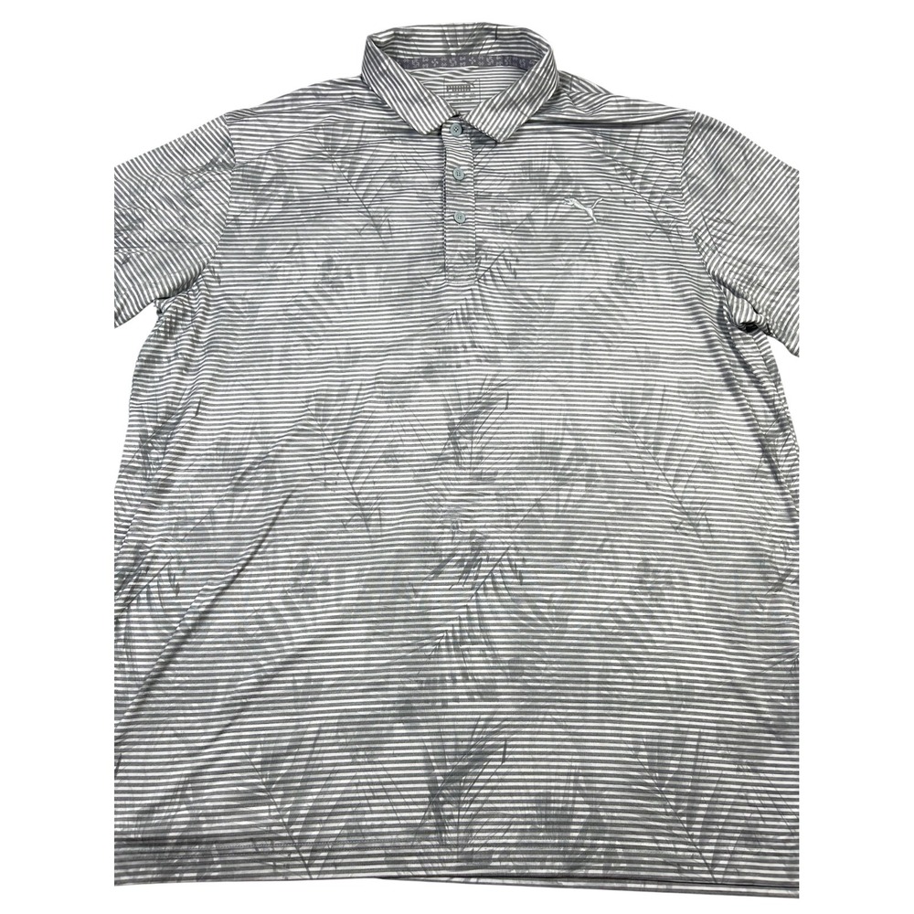 Puma Fronds Golf Polo Shirt Men's XL Gray & White Striped Tropical Sportswear